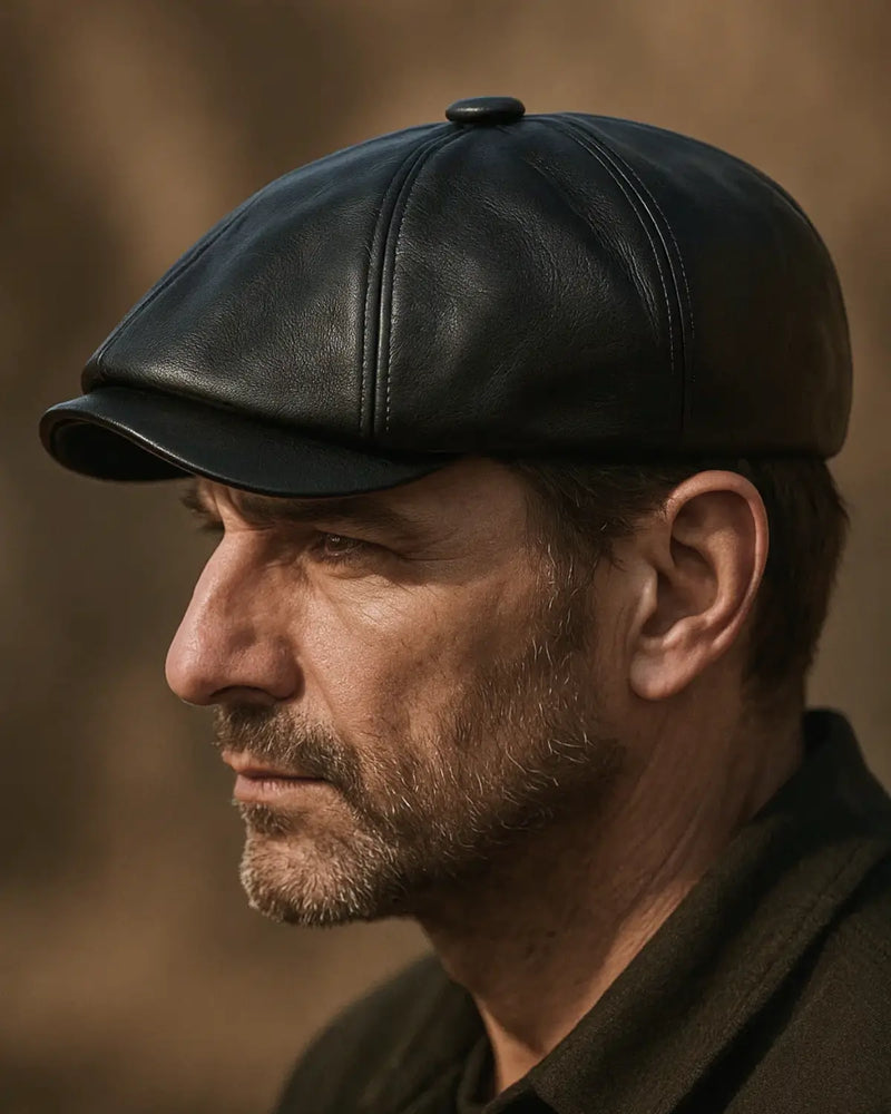 Close lateral da Boina Italiana Couro Black com foco no perfil masculino e acabamento premium

