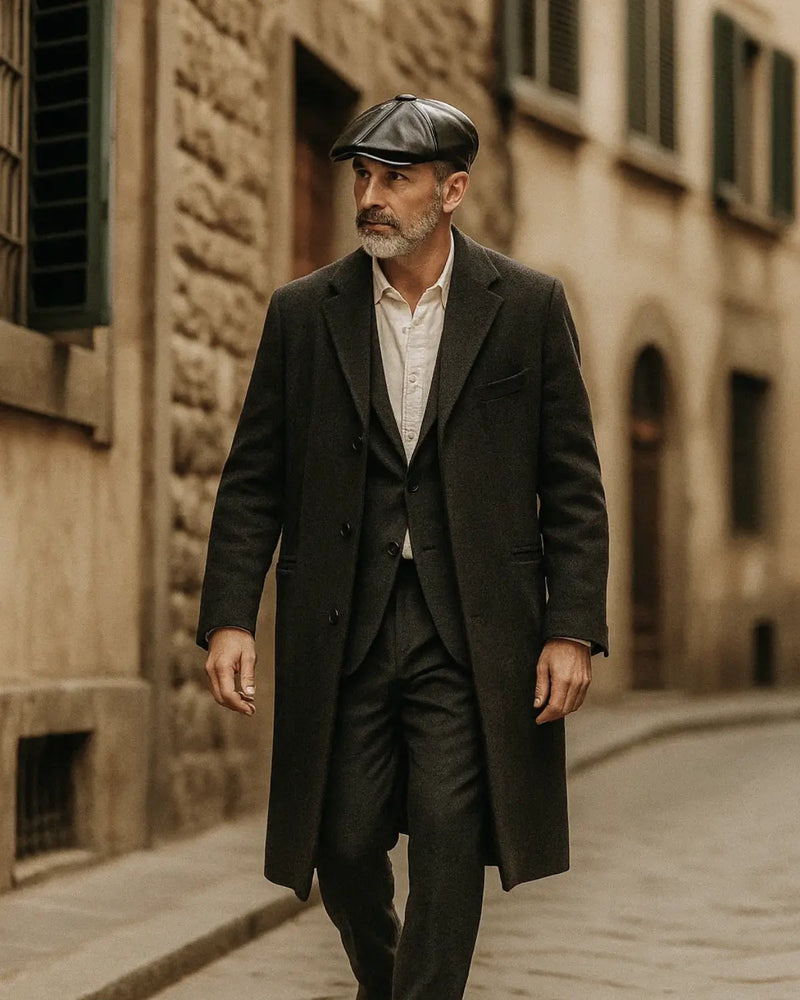 Homem elegante com Boina Italiana de Couro Black caminhando por rua de arquitetura europeia

