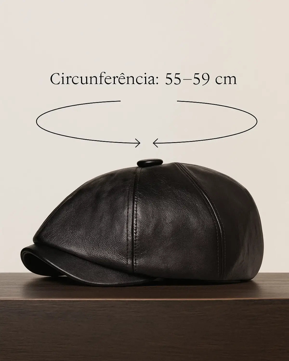 Imagem com medida da boina italiana de couro preto, circunferência entre 55 e 59 cm

