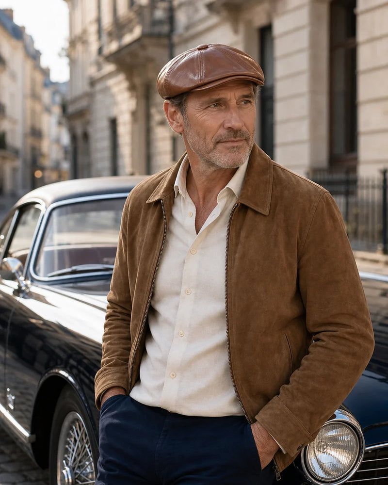 Boina Masculina Italiana Couro Brown Cappel em look masculino elegante com carro clássico