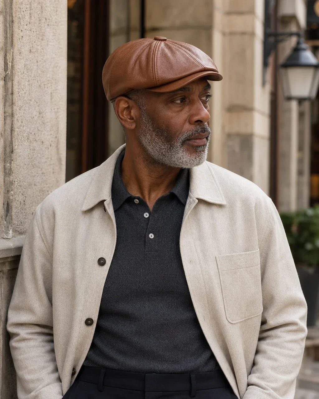 Boina Masculina Italiana Couro Brown Cappel em uso por homem maduro em look casual urbano