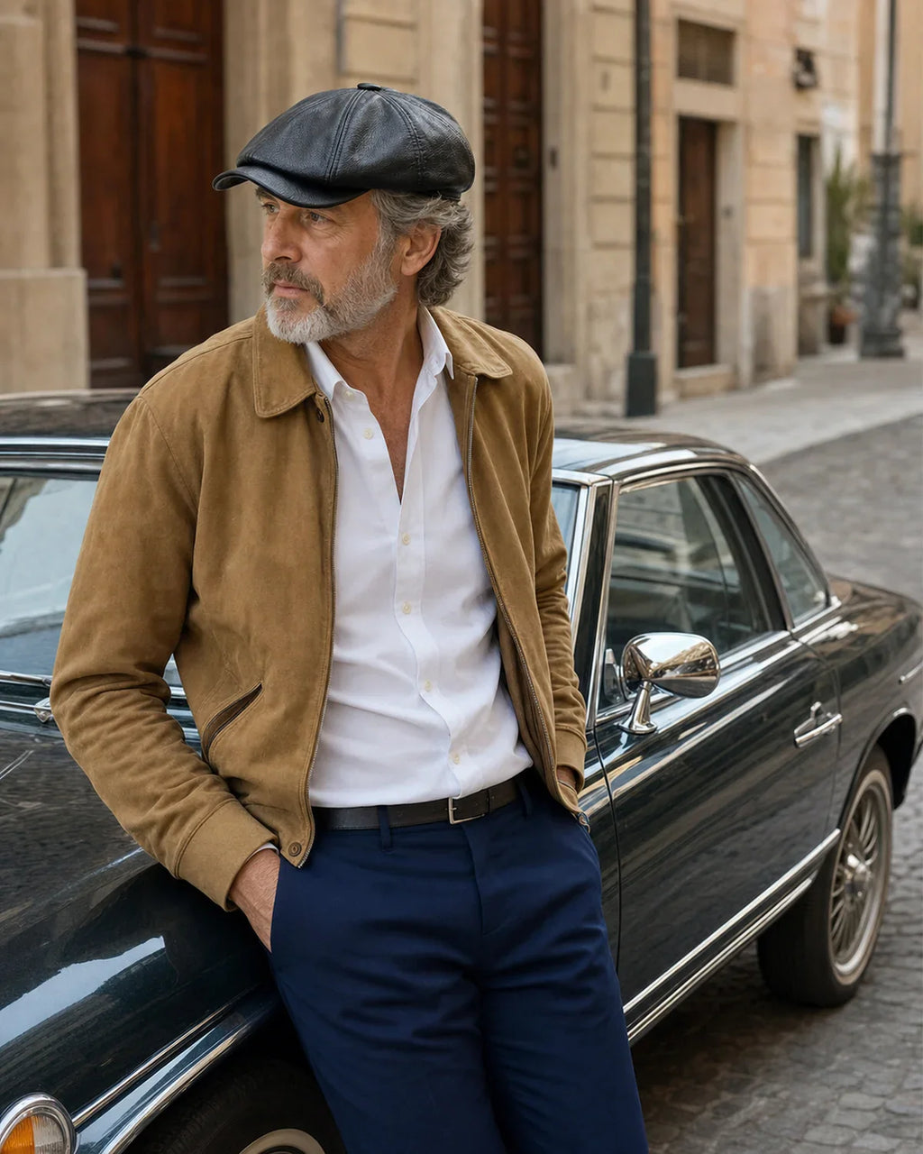 Boina Masculina Italiana Couro Genuíno Black Cappel em look masculino com carro clássico