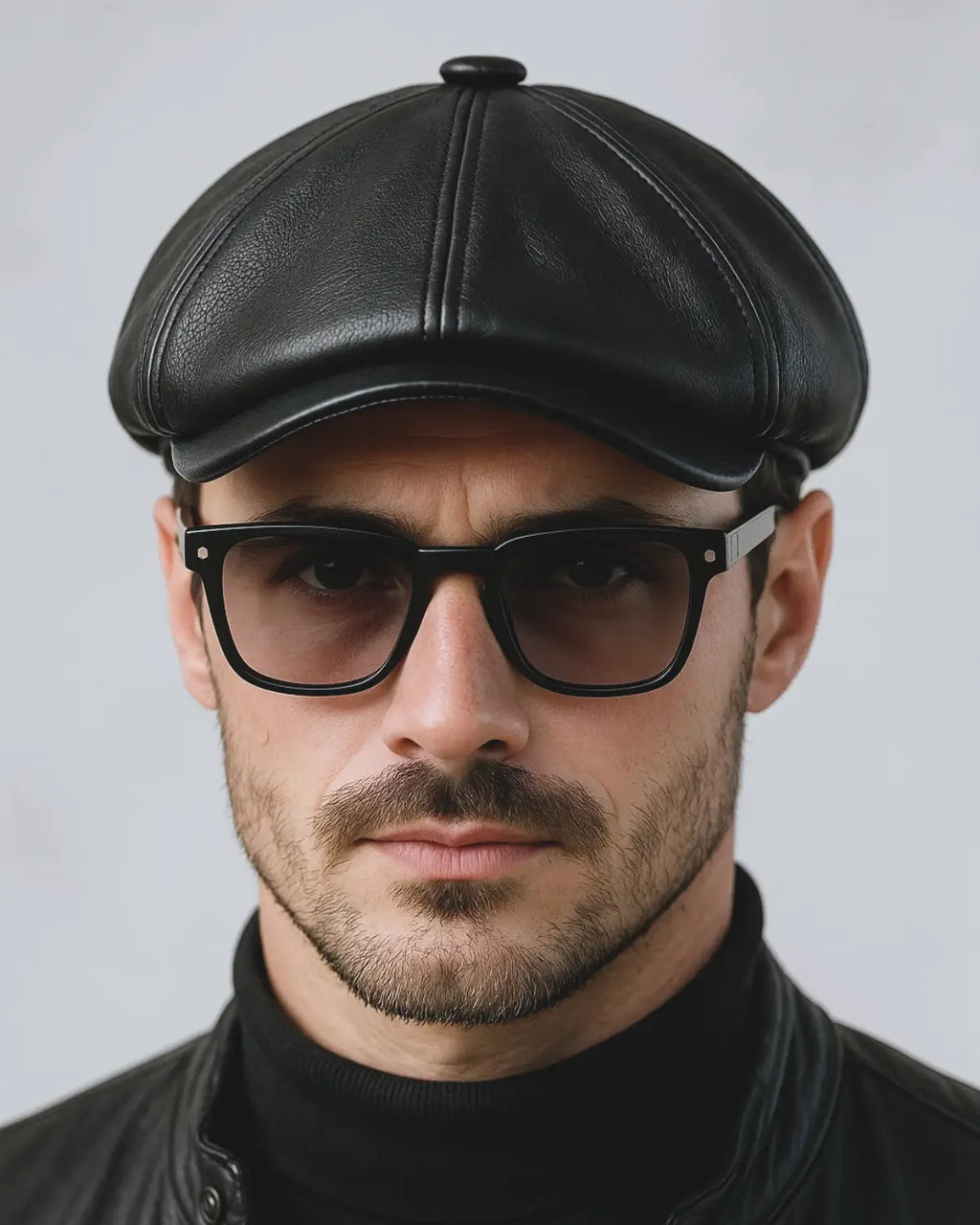 Close frontal de homem jovem com boina italiana preta de couro e óculos escuros