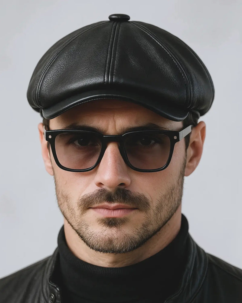 Close frontal de homem jovem com boina italiana preta de couro e óculos escuros