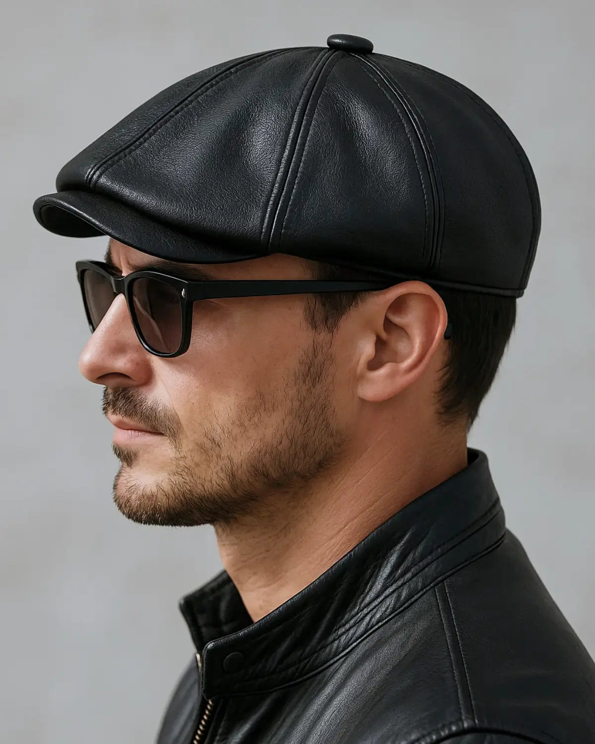 Vista lateral de homem com boina italiana preta de couro e óculos escuros
