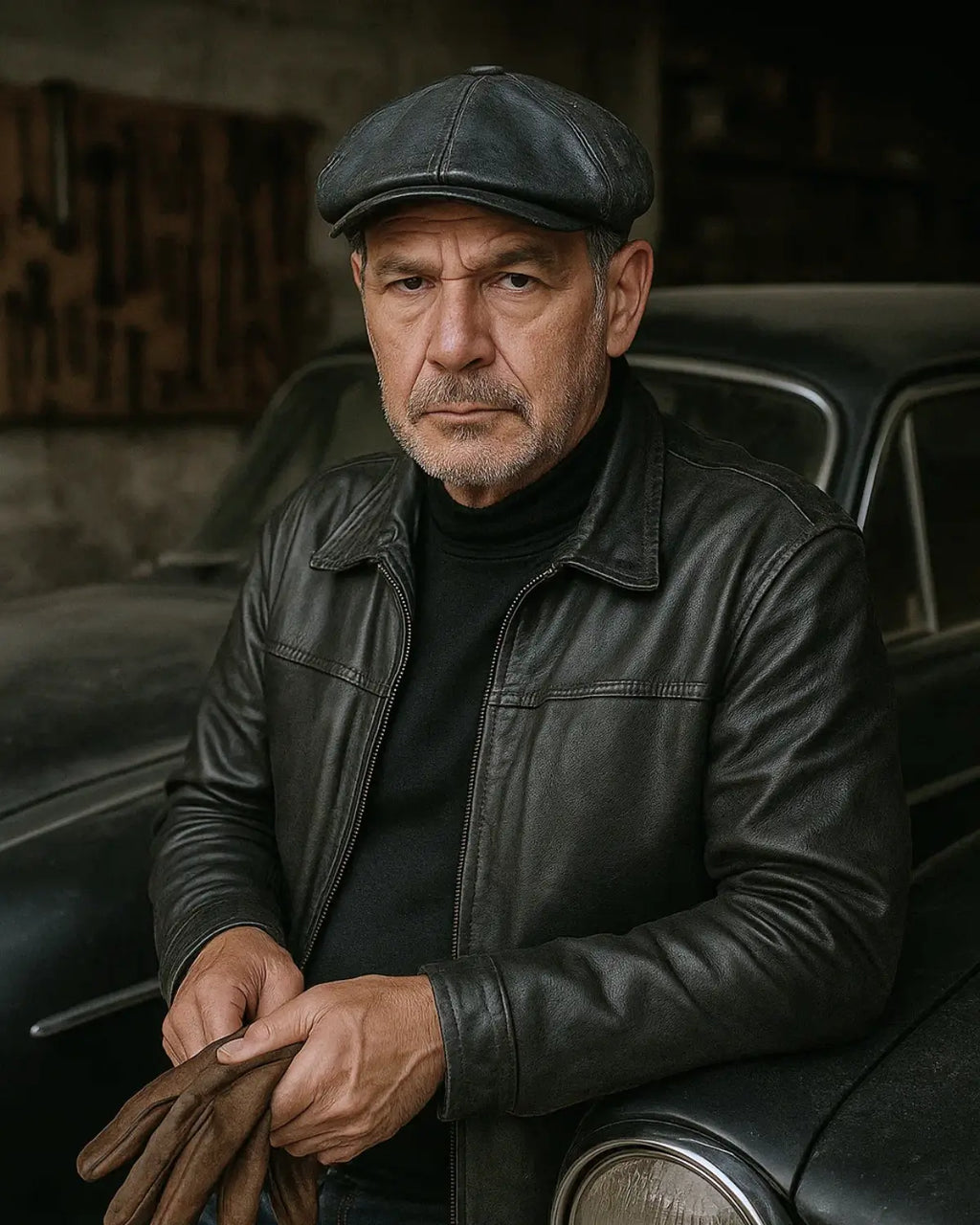 Homem maduro usando boina italiana de couro preto com jaqueta de couro ao lado de carro clássico