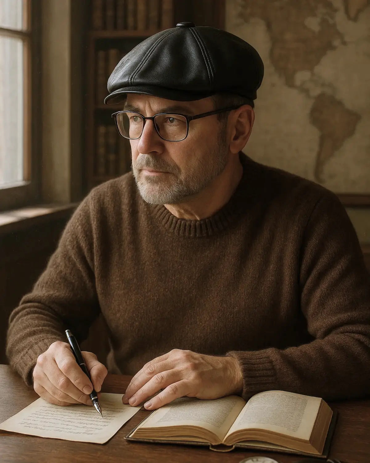 Homem escrevendo em caderno usando boina italiana preta de couro e óculos