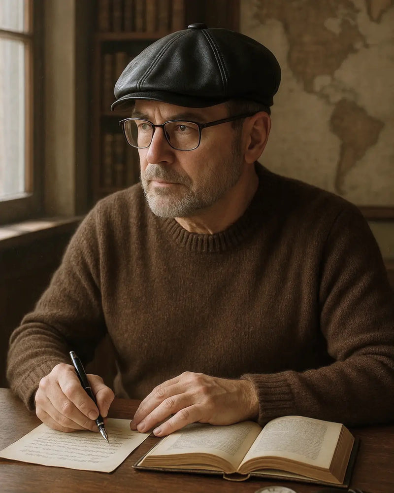 Homem escrevendo em caderno usando boina italiana preta de couro e óculos