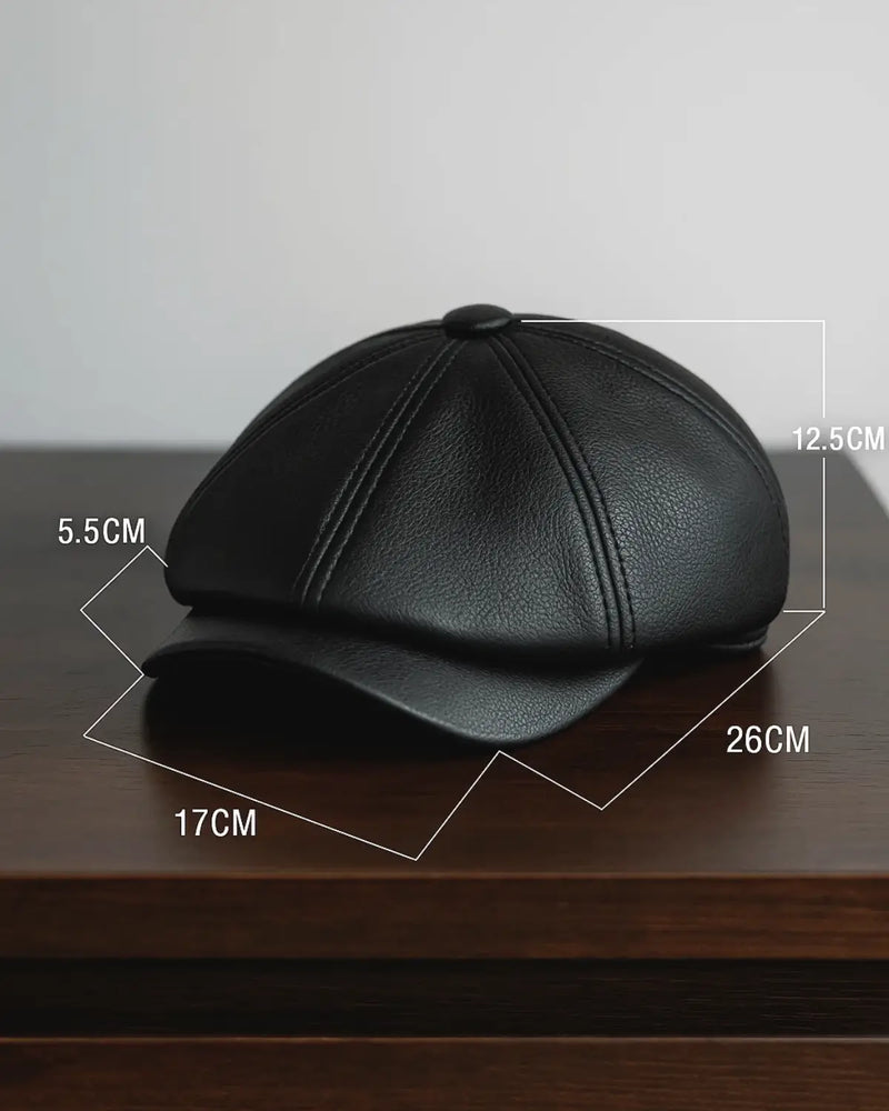 Boina italiana preta de couro genuíno com medidas detalhadas em centímetros