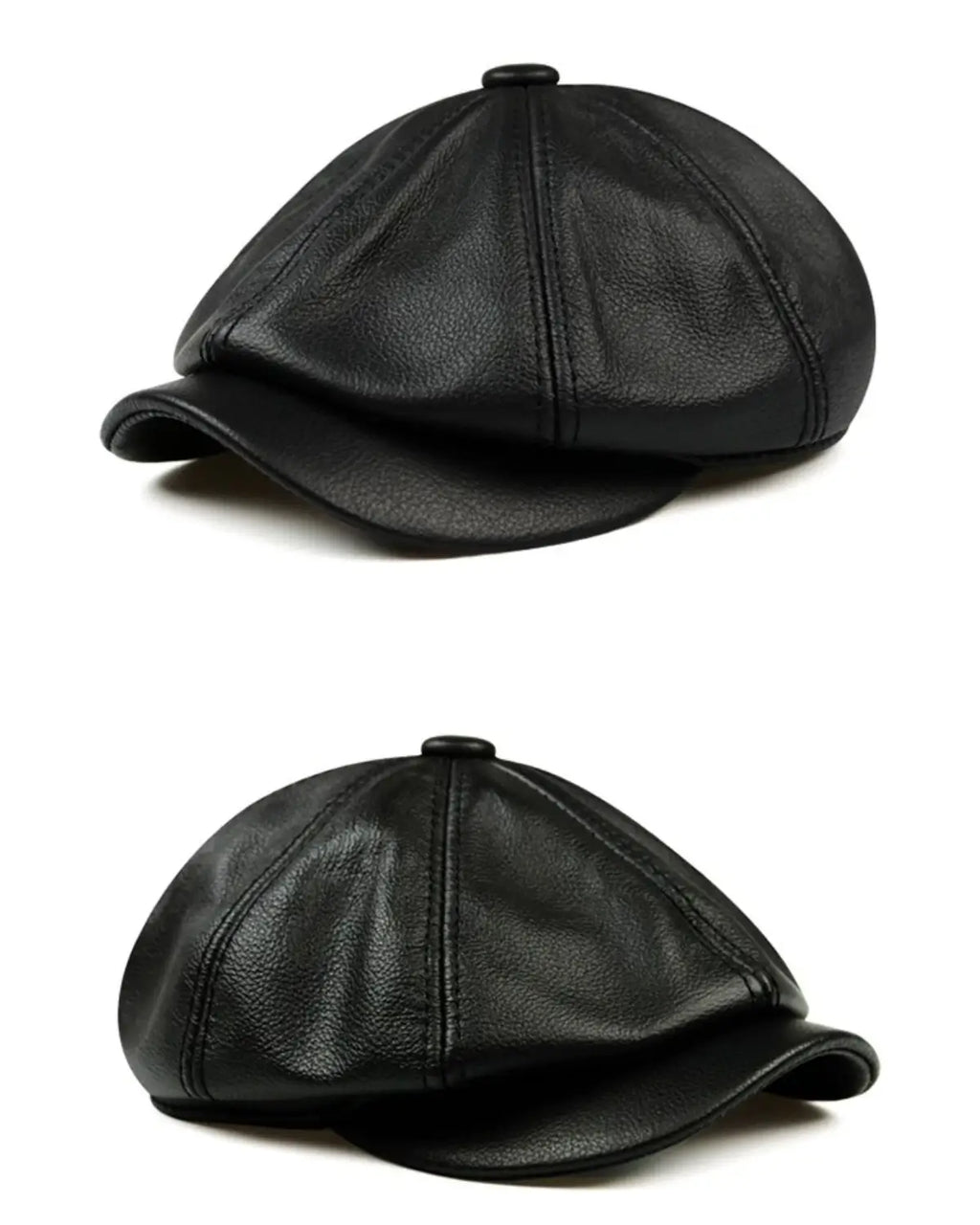 Boina italiana masculina preta de couro genuíno vista em perspectiva