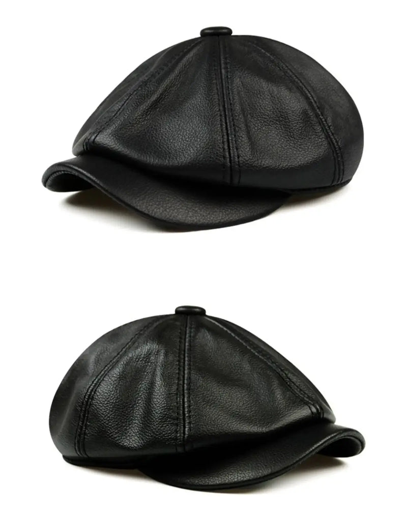 Boina italiana masculina preta de couro genuíno vista em perspectiva