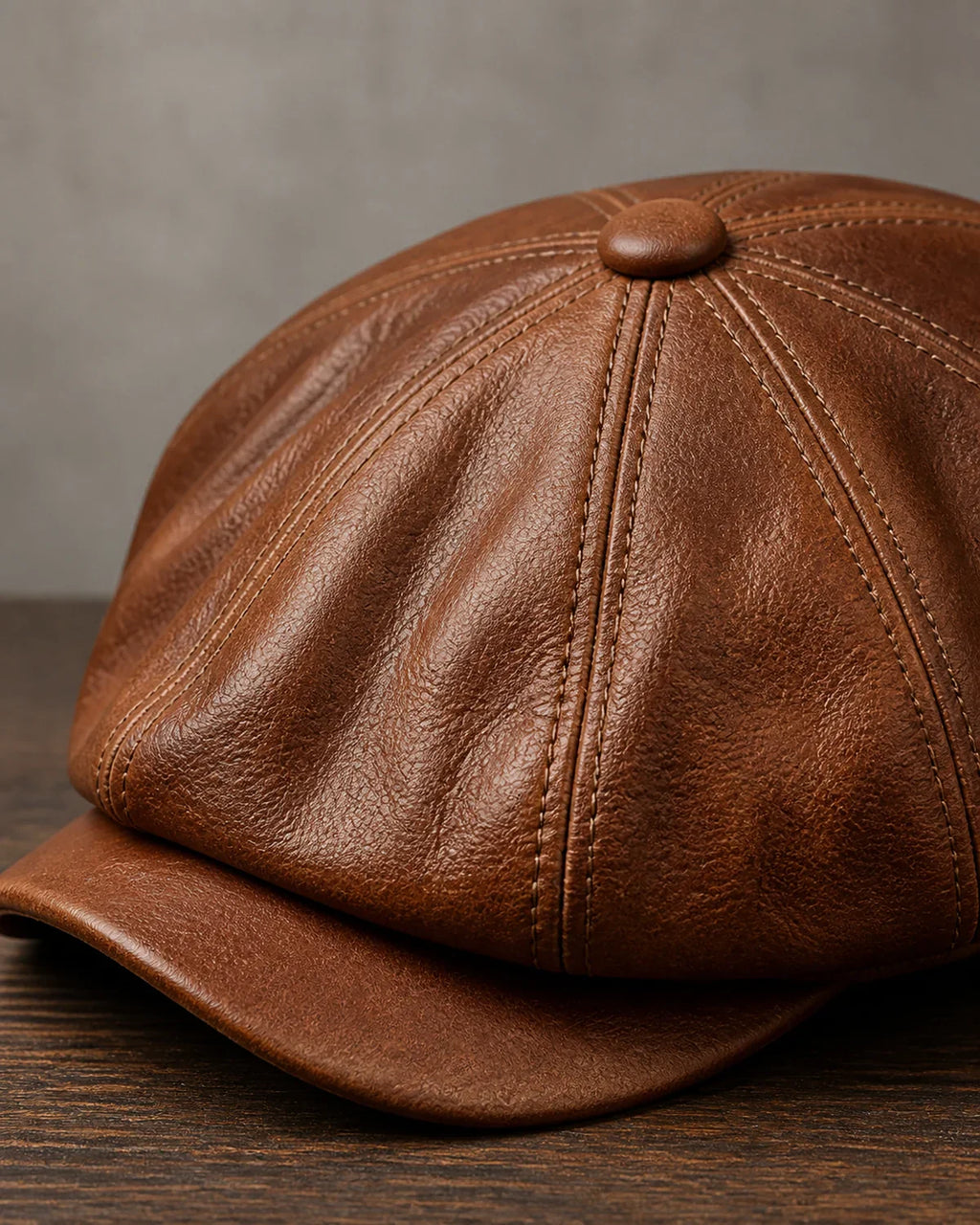 Boina Masculina Italiana Couro Genuíno Brown Cappel detalhe da textura do couro marrom e costura