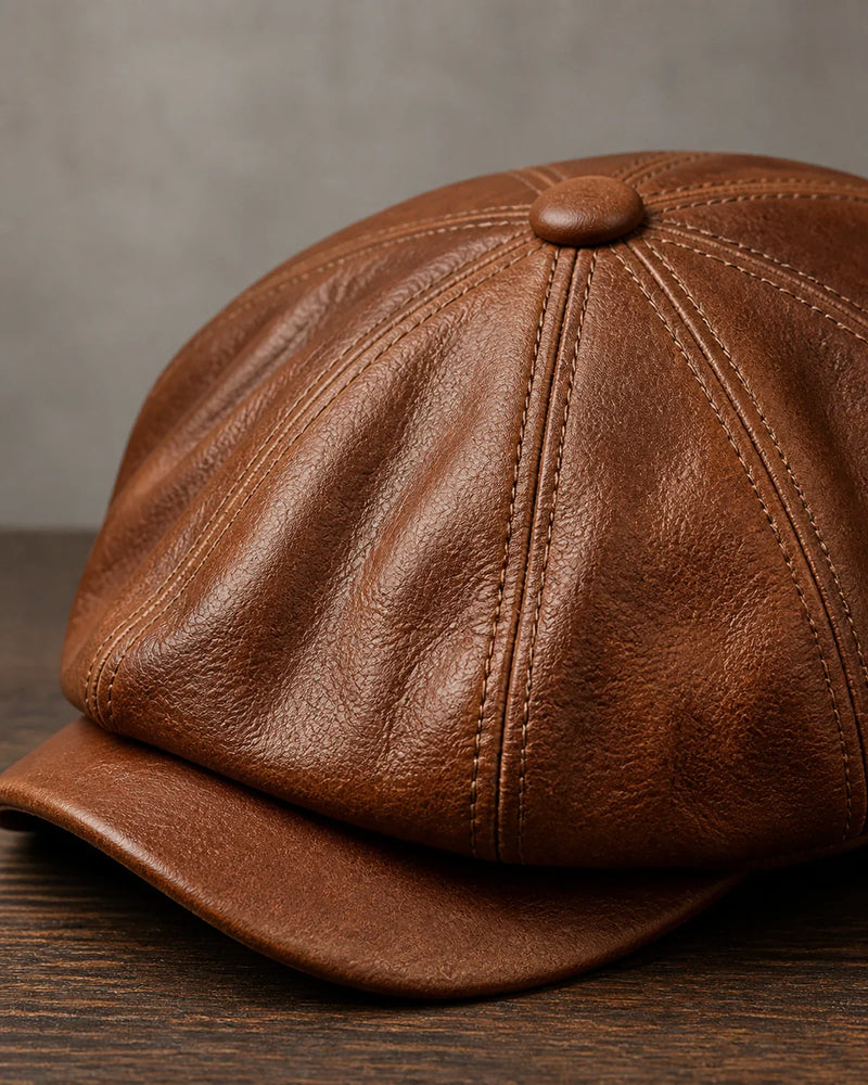 Boina Masculina Italiana Couro Genuíno Brown Cappel detalhe da textura do couro marrom e costura
