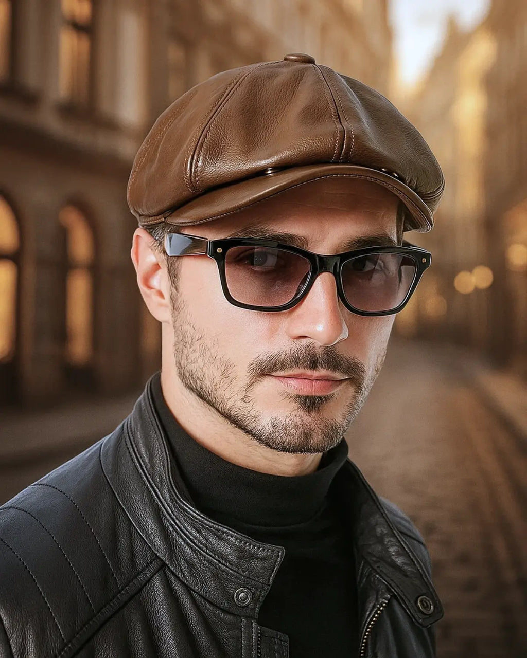 Close frontal de homem jovem usando boina italiana de couro genuíno marrom com óculos escuros
