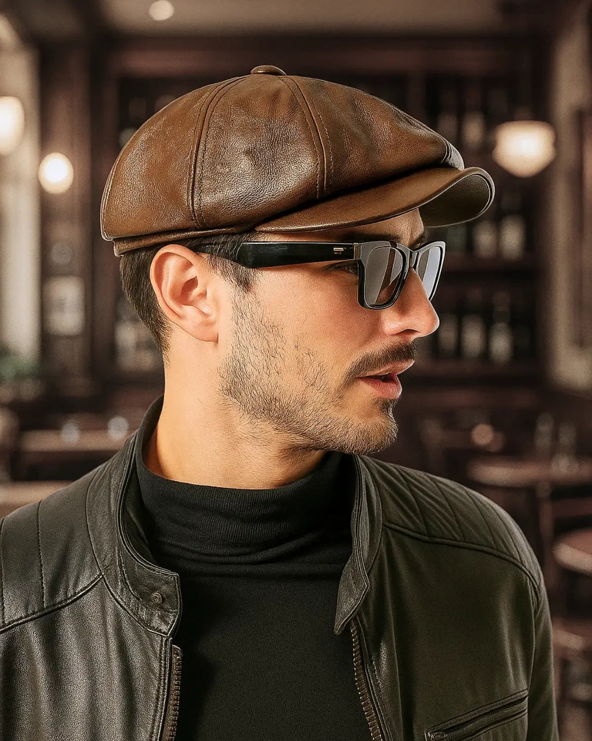 Close lateral de homem jovem usando boina italiana de couro genuíno marrom em ambiente interno