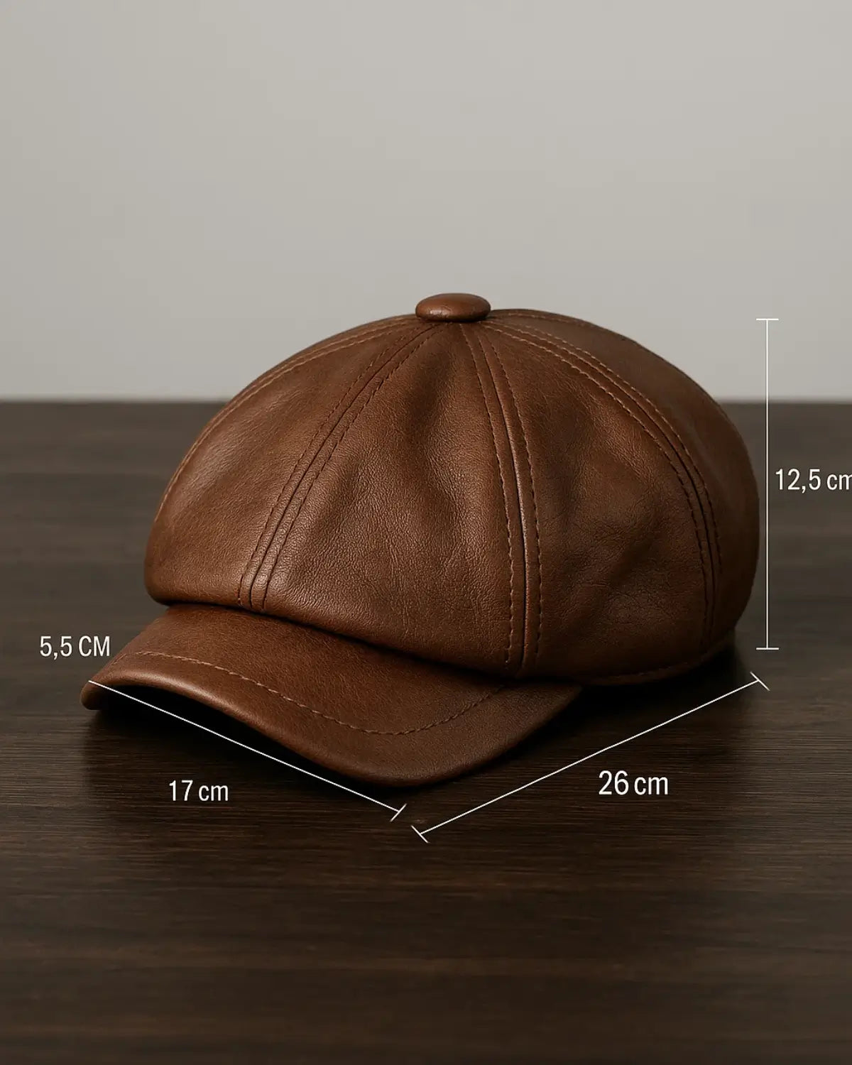 Boina italiana masculina de couro genuíno marrom com medidas detalhadas em centímetros