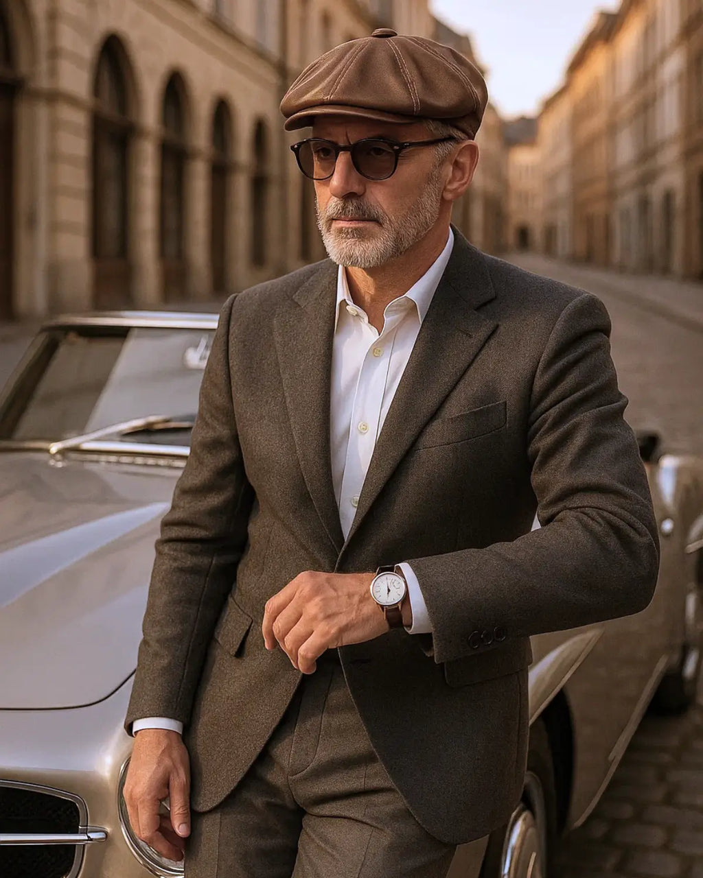 Homem elegante usando boina italiana de couro genuíno marrom com terno, estilo clássico europeu