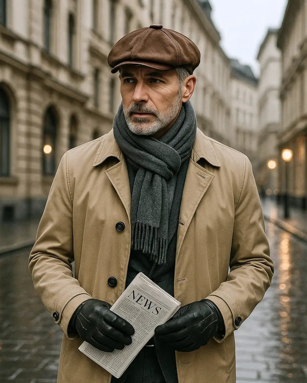 Homem de casaco bege e cachecol cinza usando boina italiana de couro genuíno marrom em dia frio