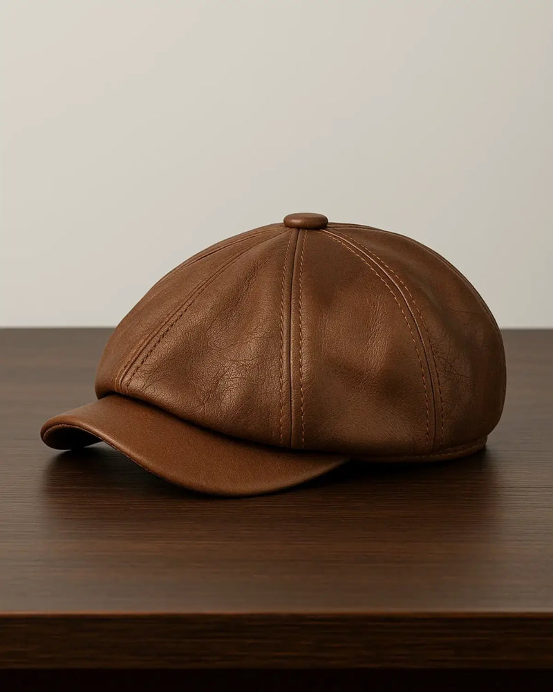 Boina masculina italiana em couro genuíno marrom, vista frontal sobre superfície de madeira