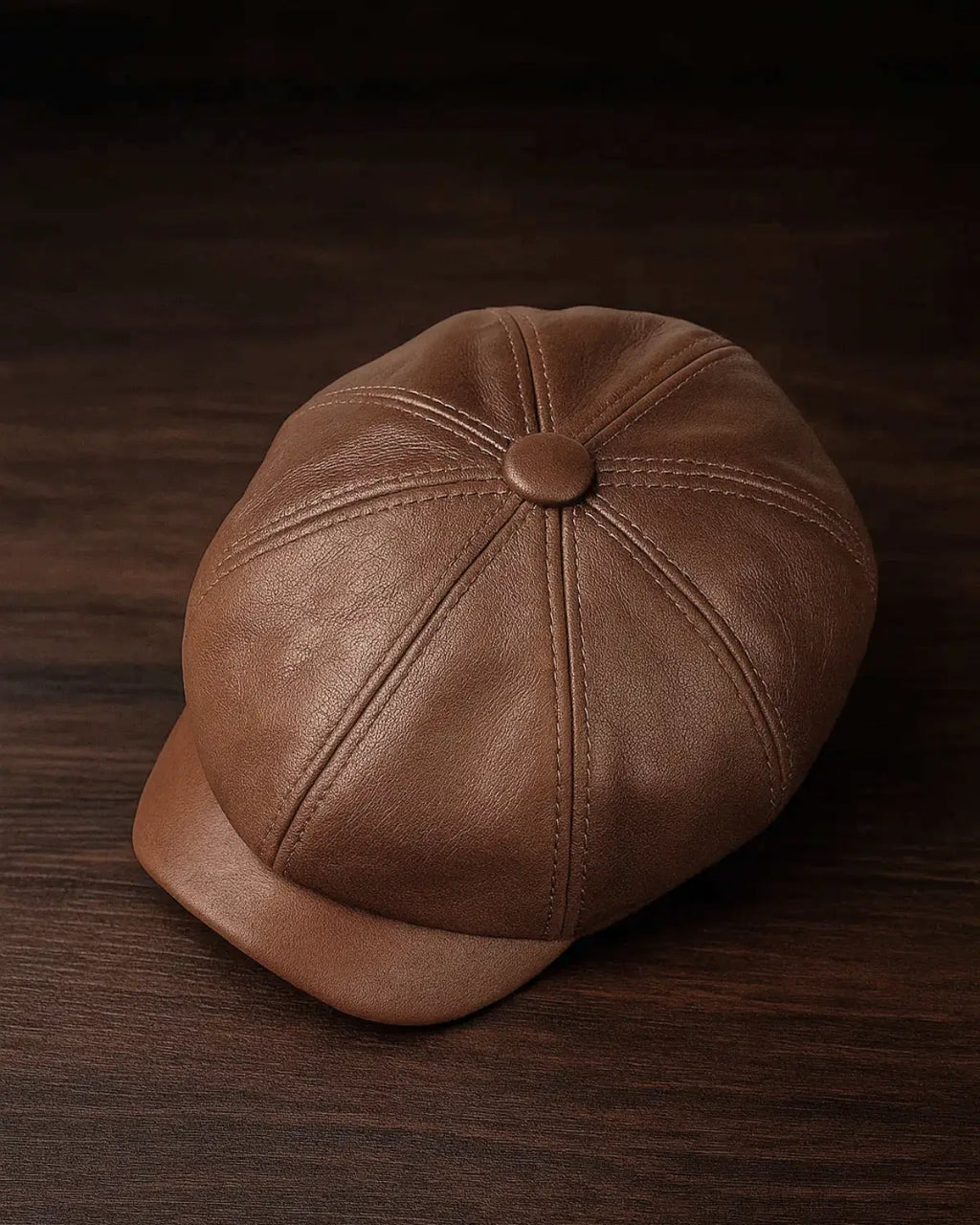 Vista superior da boina italiana masculina de couro genuíno marrom sobre mesa de madeira