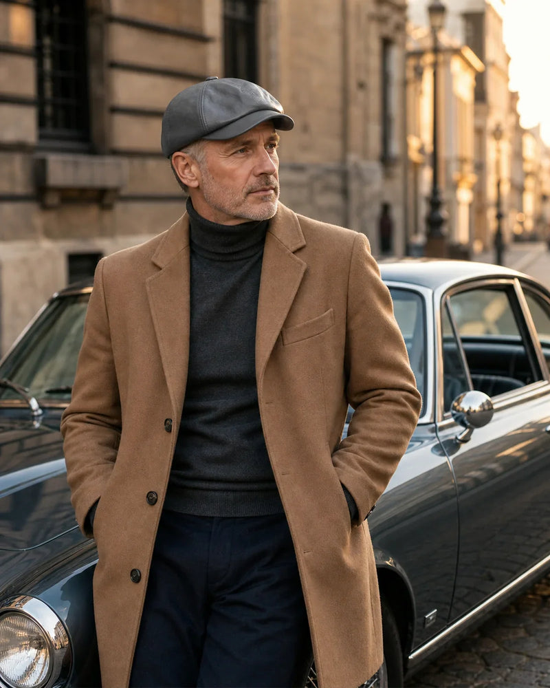 Boina Masculina Italiana Couro Gray Cappel em look masculino elegante com carro clássico