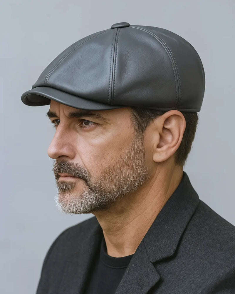 Retrato editorial em ângulo ¾ de homem com boina italiana de couro cinza e expressão introspectiva