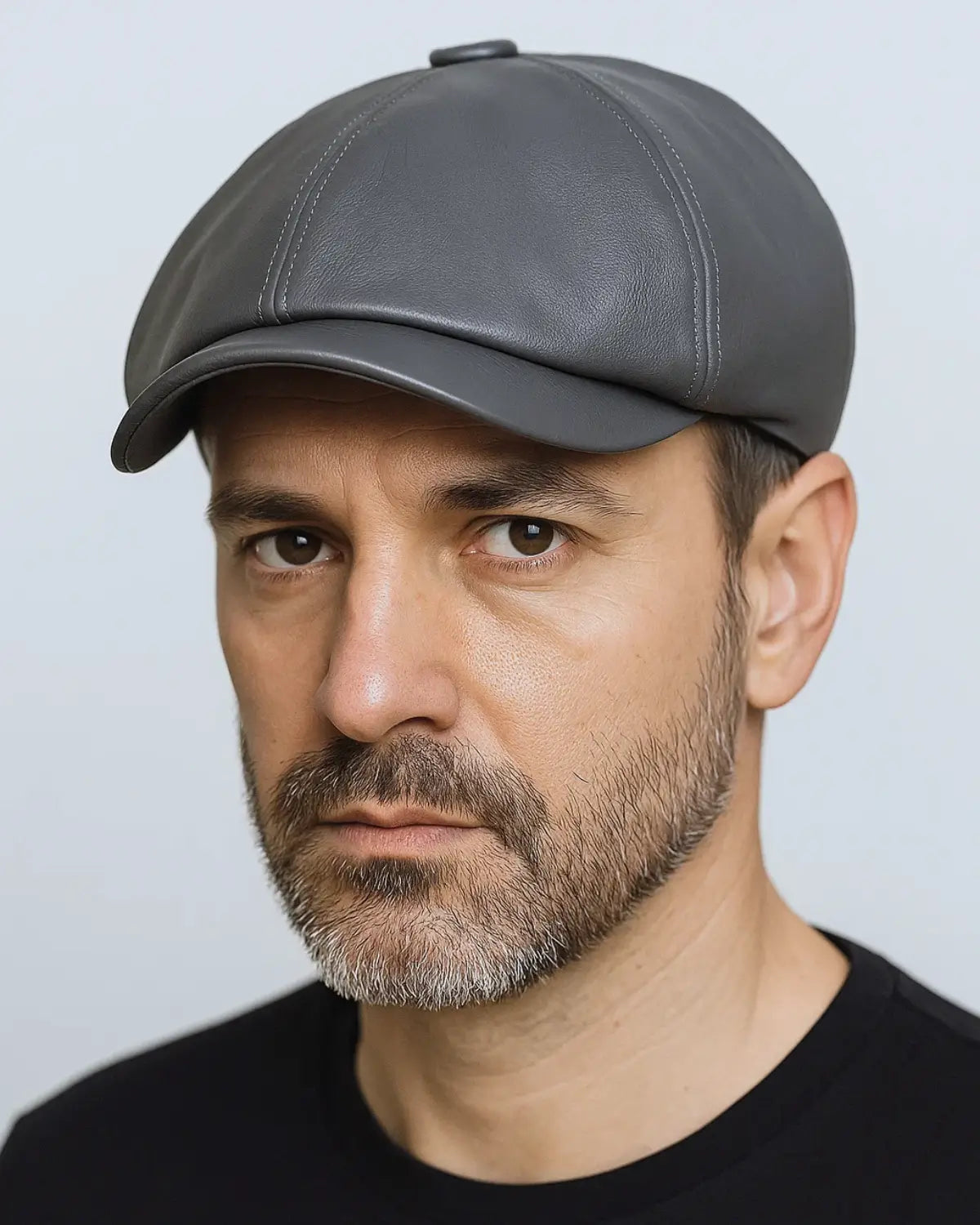 Close frontal editorial de homem com boina italiana de couro cinza e olhar confiante