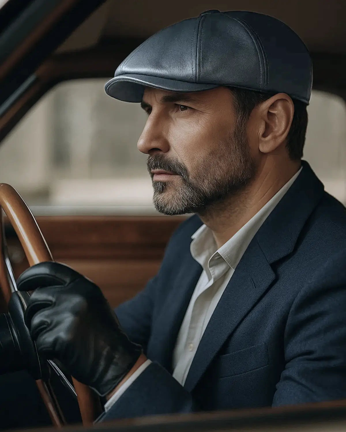 Homem maduro com boina italiana cinza dirigindo carro clássico com expressão firme e confiante