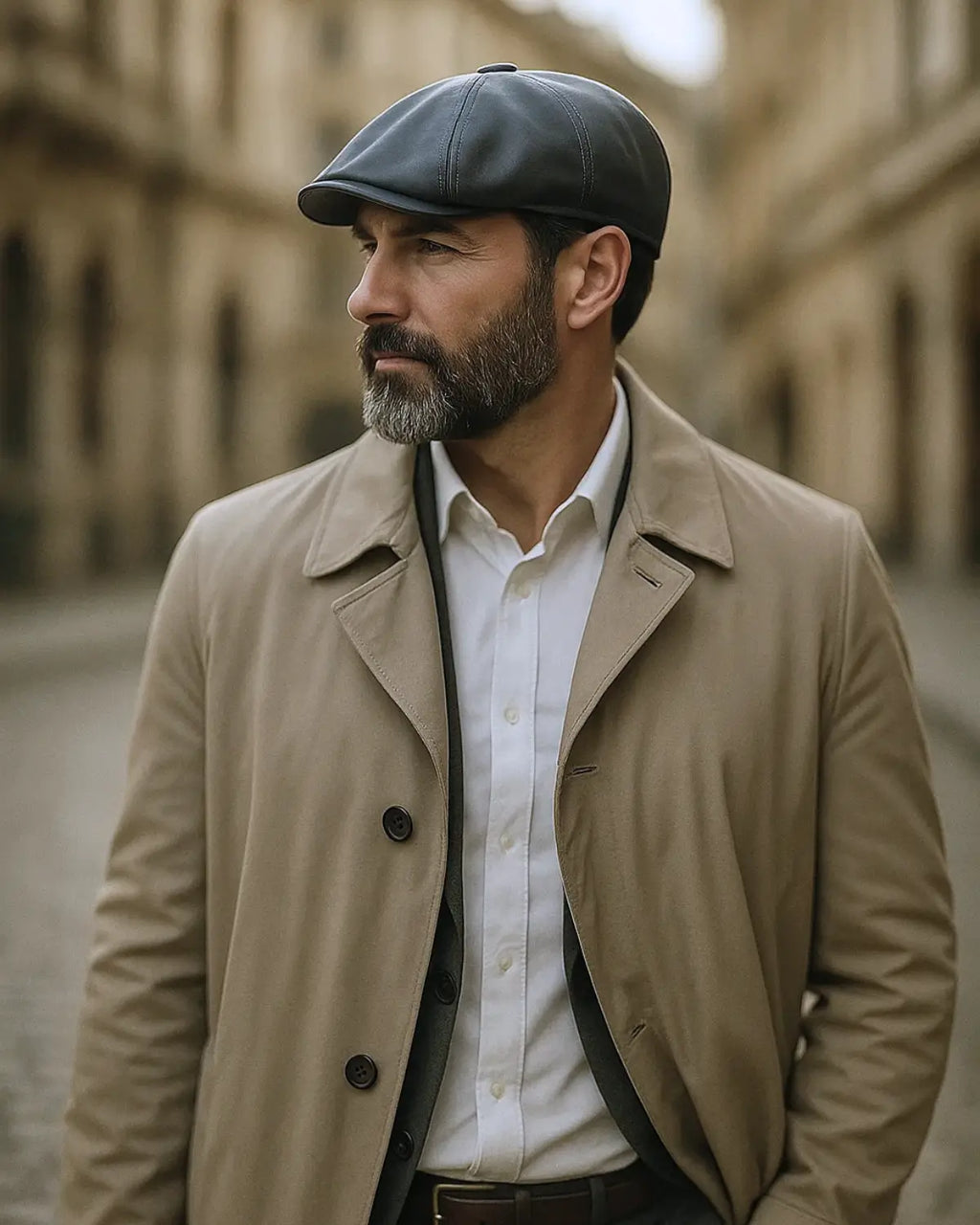 Homem elegante usando boina italiana de couro cinza caminhando por rua com arquitetura europeia clássica