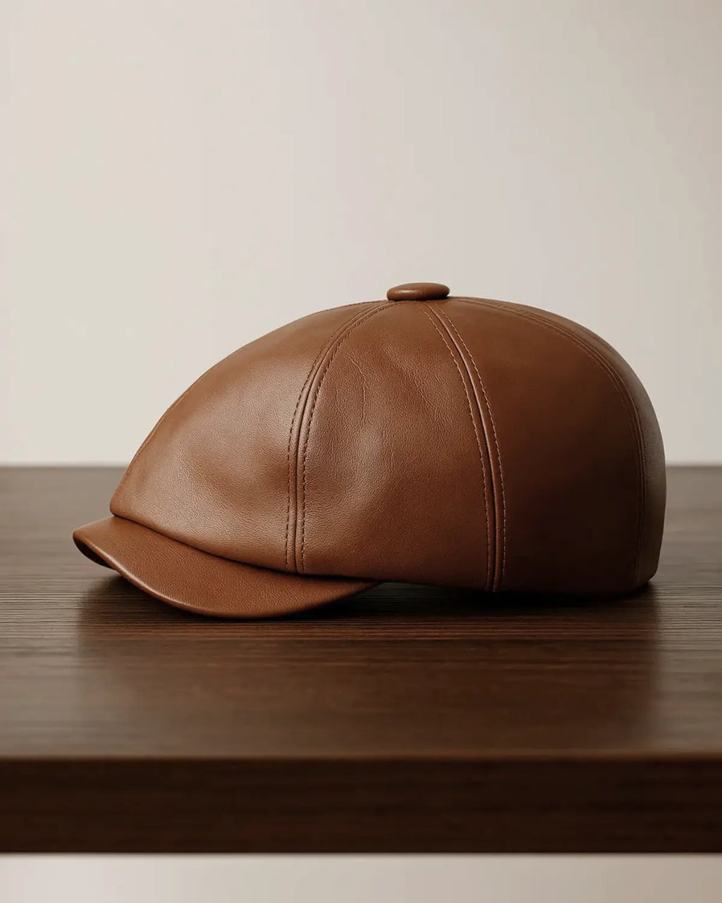 Boina masculina italiana de couro marrom sobre mesa de madeira escura com fundo neutro, ideal para uso em catálogo.