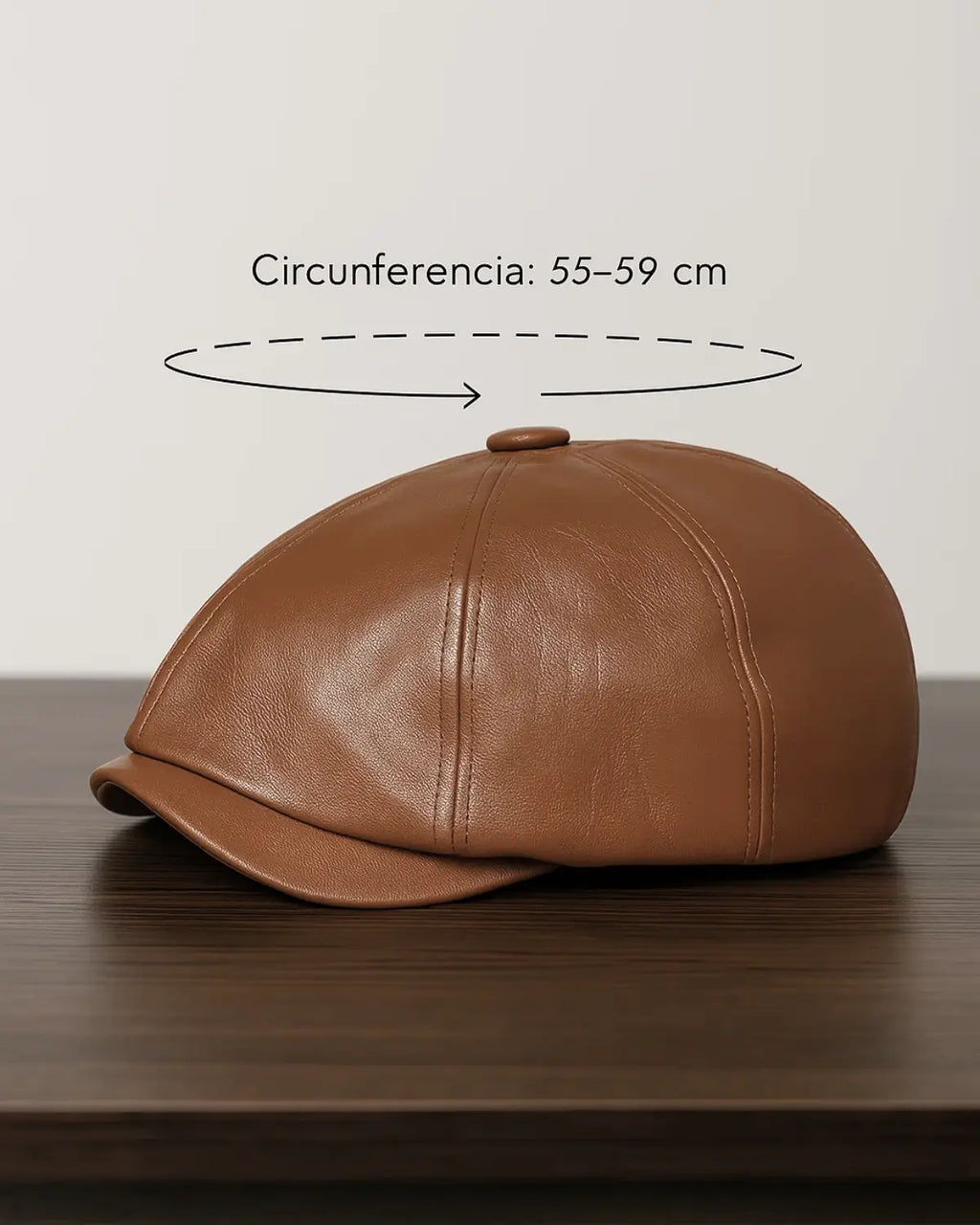 Boina italiana de couro marrom com indicação de circunferência ajustável de 55 a 59 cm, posicionada sobre mesa de madeira