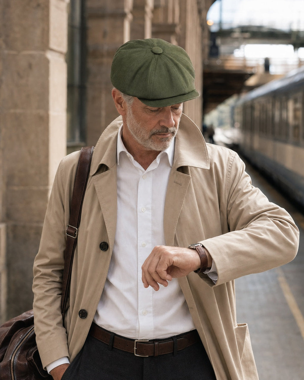 Homem 45+ usando boina masculina italiana Army Green em look de viagem