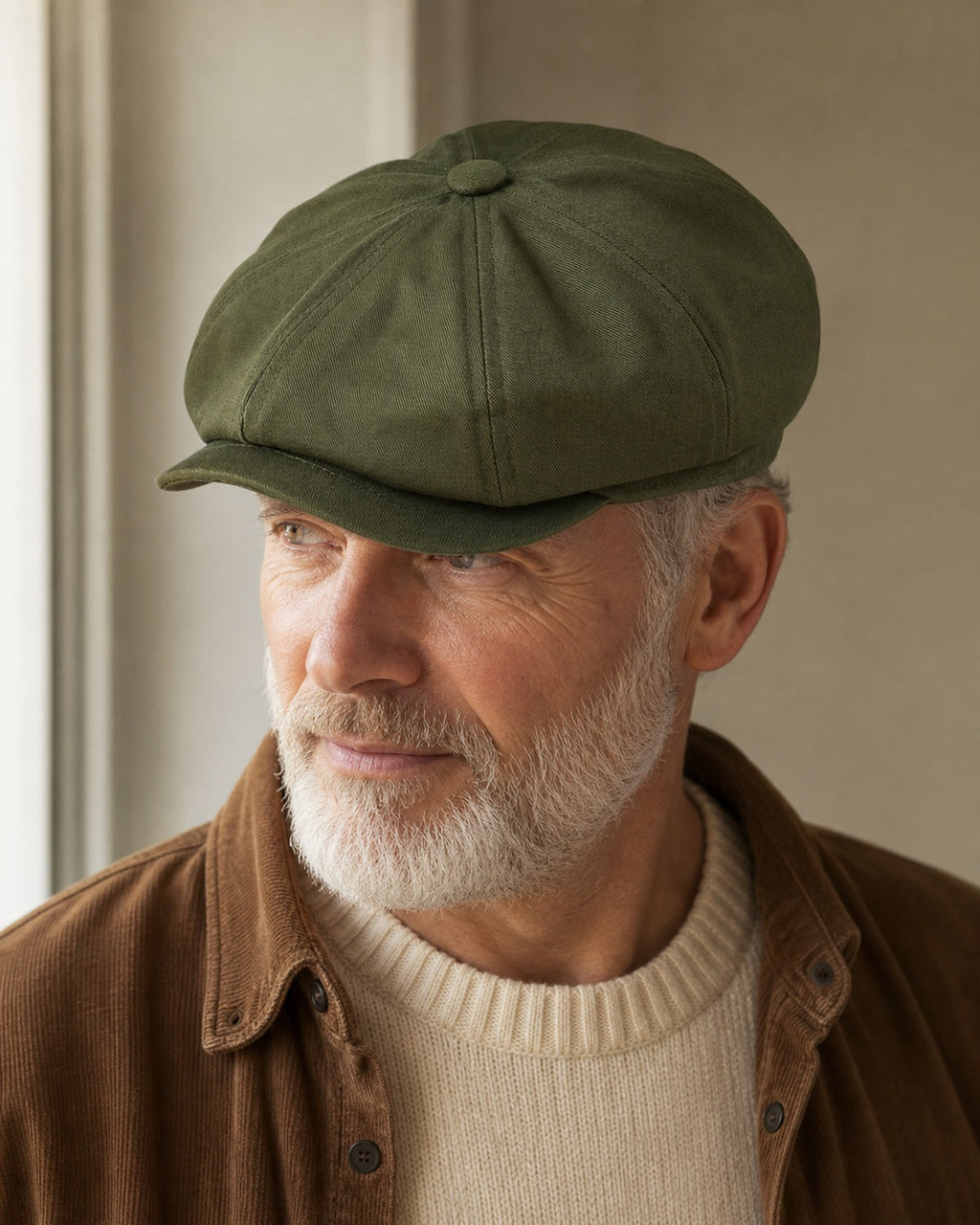 Close de homem usando boina masculina italiana Army Green em algodão