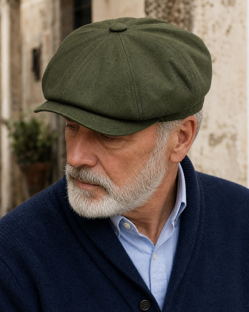 Close lateral da boina masculina italiana Army Green em homem 60+