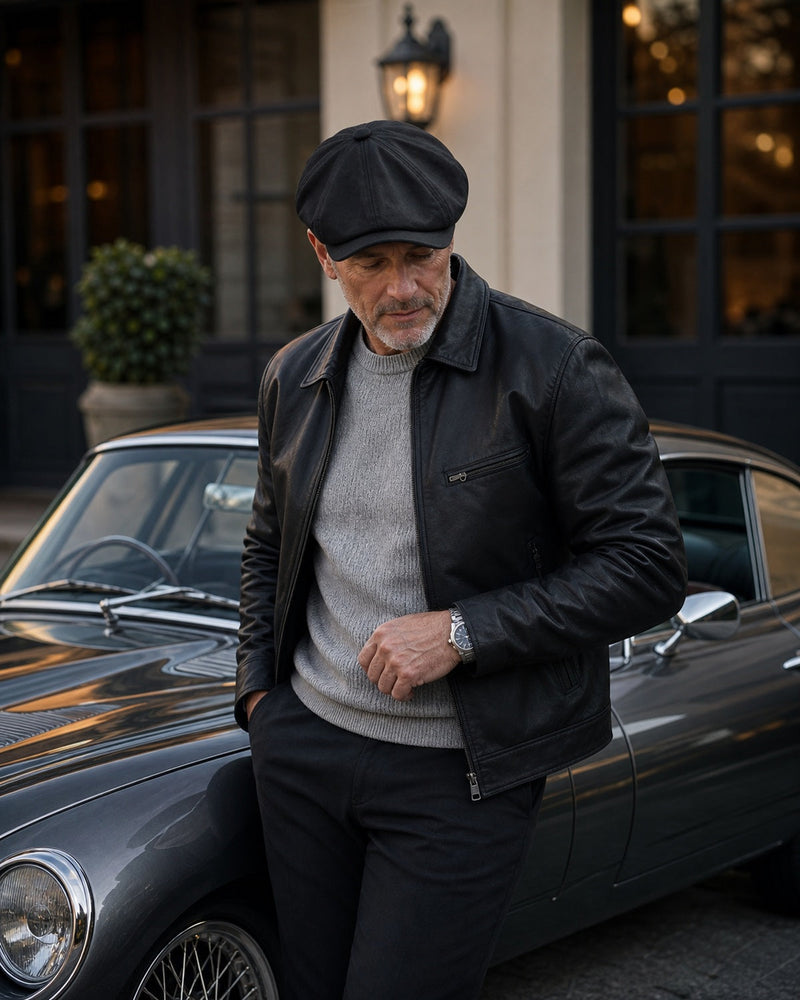 Homem maduro usando Boina Masculina Italiana Algodão NewBoys Black ao lado de carro clássico