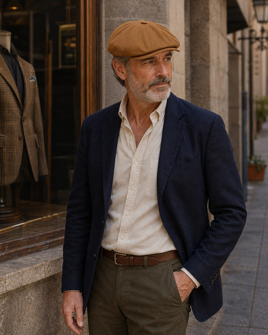 Homem maduro usando boina masculina italiana Brown em look urbano elegante