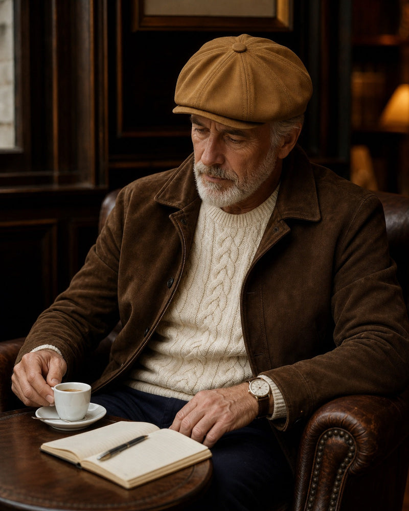 Homem 60+ usando boina masculina italiana Brown em ambiente clássico com café