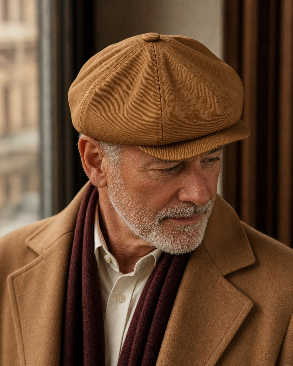 Close lateral da boina masculina italiana Brown em homem 65+