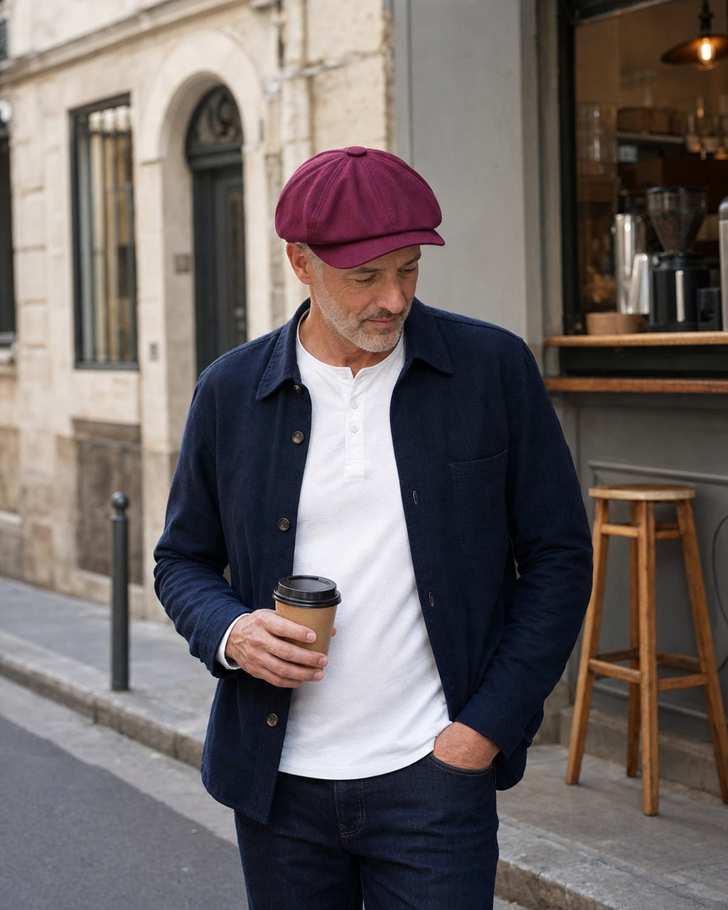Homem 45+ usando boina masculina italiana Burgundy em look casual urbano