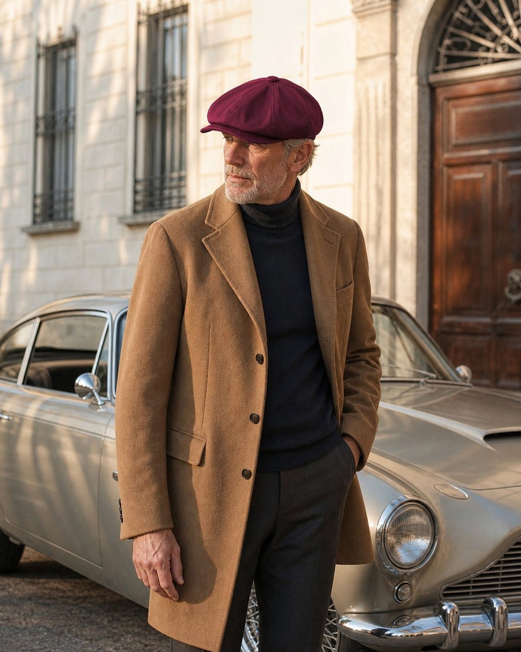 Homem elegante usando boina masculina italiana Burgundy ao lado de carro clássico