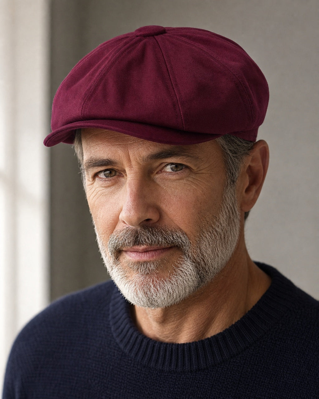 Close de homem usando boina masculina italiana Burgundy em algodão