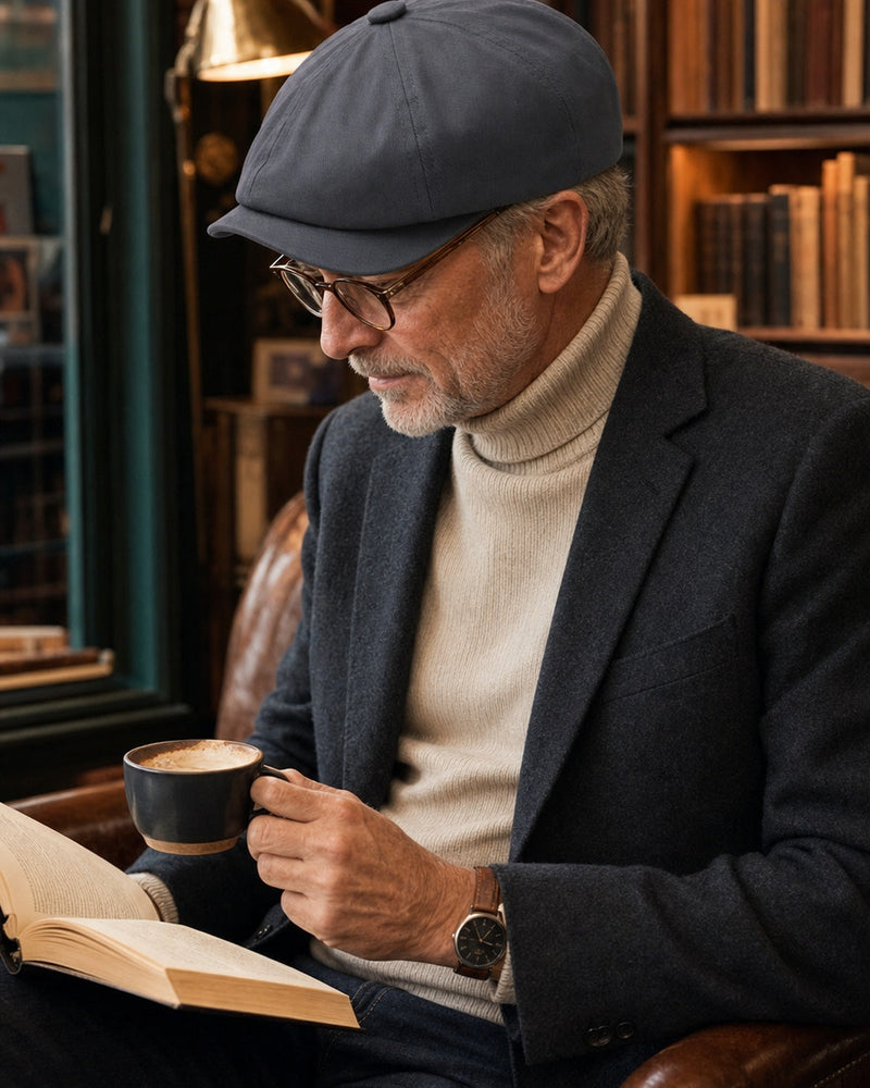 Homem 60+ usando boina masculina italiana Dark Grey em café com livros