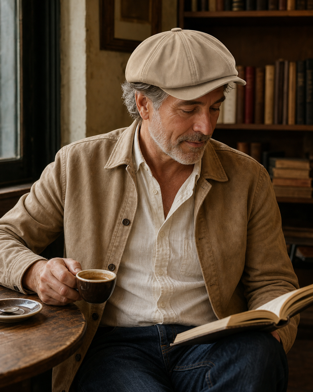 Homem maduro usando boina masculina italiana caqui em café com livro