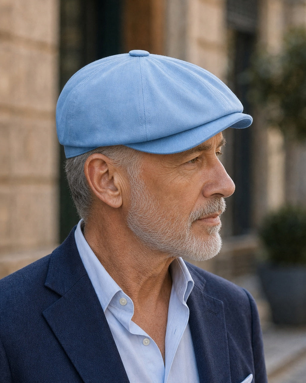 Perfil masculino 45+ usando boina italiana NewBoys Light Blue - Cappel
