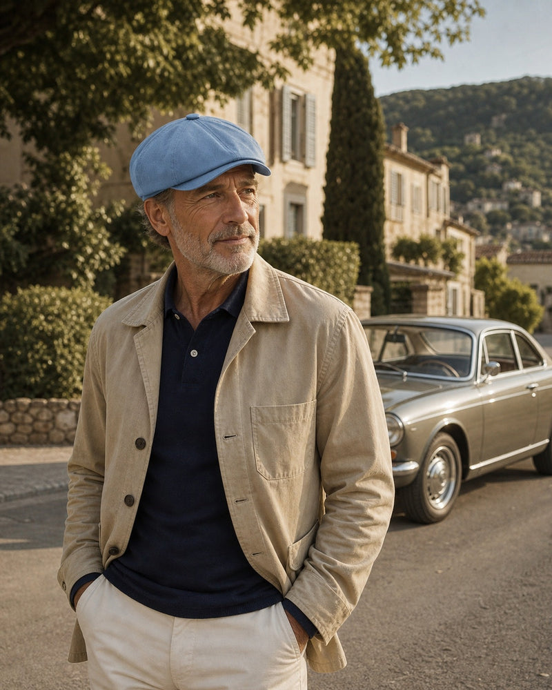 Homem 45+ usando boina italiana NewBoys Light Blue em lifestyle casual com carro antigo - Cappel