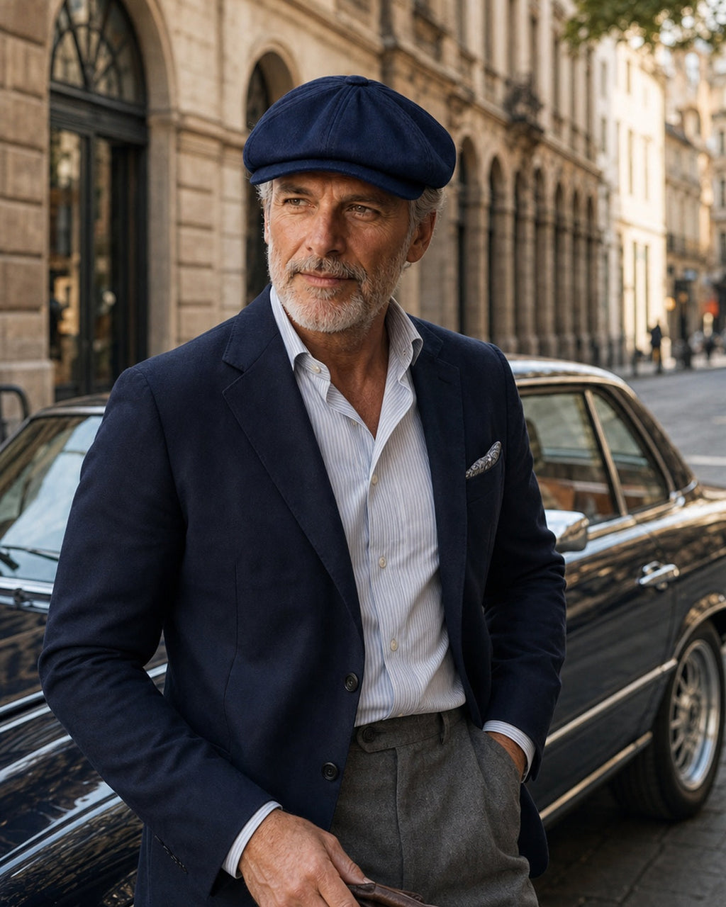 Homem 45+ com Boina Masculina Italiana Algodão NewBoys Navy ao lado de carro antigo