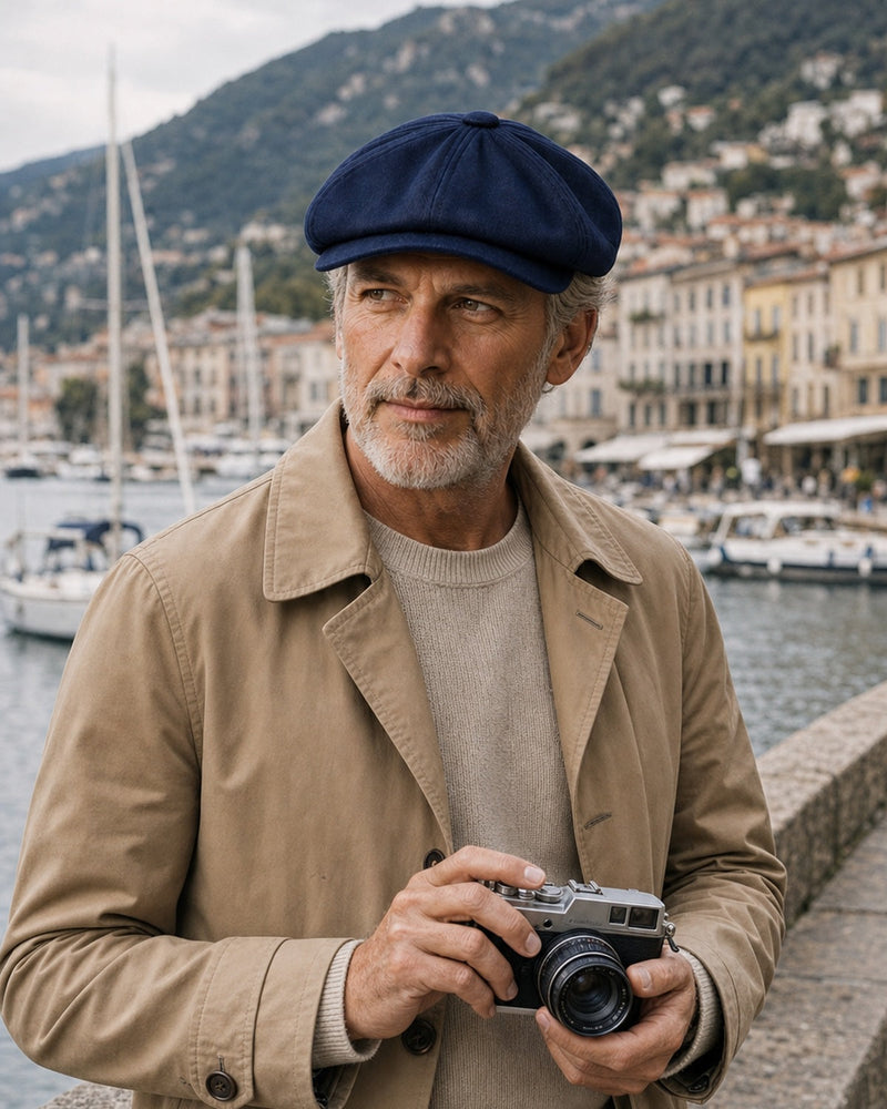 Homem 45+ usando Boina Masculina Italiana Algodão NewBoys Navy em marina com câmera clássica