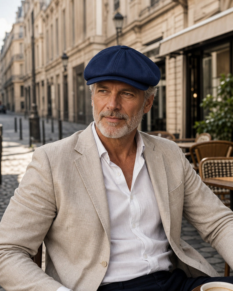 Homem 45+ usando Boina Masculina Italiana Algodão NewBoys Navy em ambiente urbano europeu
