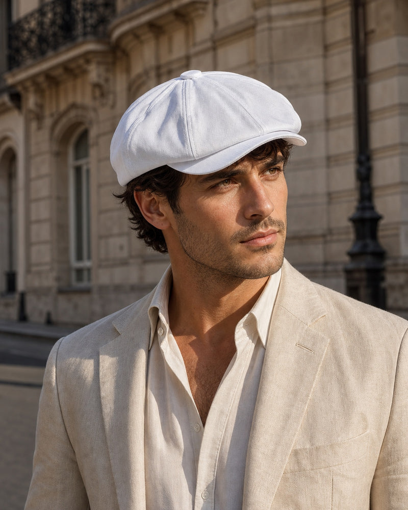Boina Masculina Italiana Algodão NewBoys White em uso por homem elegante em rua europeia - lifestyle urbano 4:5 Cappel