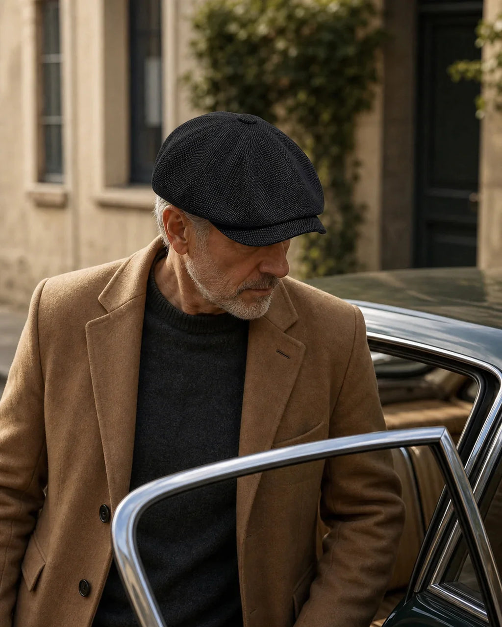 Boina Masculina Italiana Poliéster Black Cappel em look masculino com carro clássico